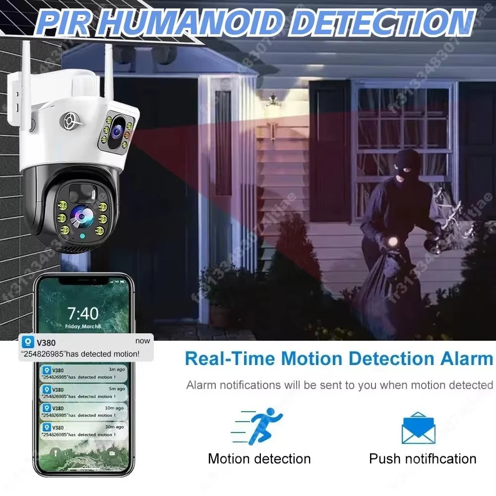 Solar Powered Camera 2K 4 Megapixel Dual Lens PTZ Dual Screen PIR Body Tracking Outdoor WIFI Secure CCTV Surveillance IP Came