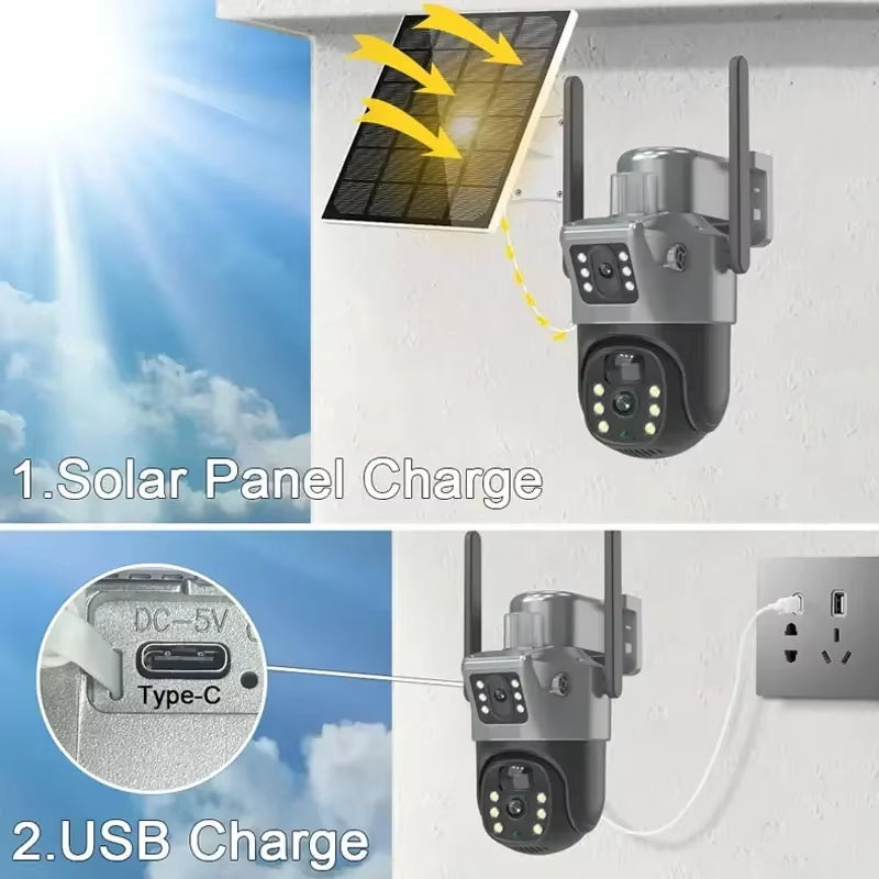 Solar Powered Camera 2K 4 Megapixel Dual Lens PTZ Dual Screen PIR Body Tracking Outdoor WIFI Secure CCTV Surveillance IP Came