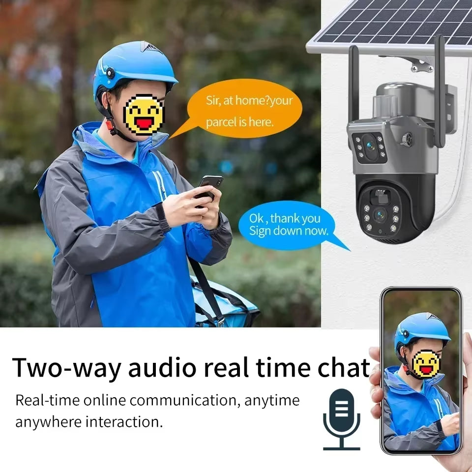 Solar Powered Camera 2K 4 Megapixel Dual Lens PTZ Dual Screen PIR Body Tracking Outdoor WIFI Secure CCTV Surveillance IP Came