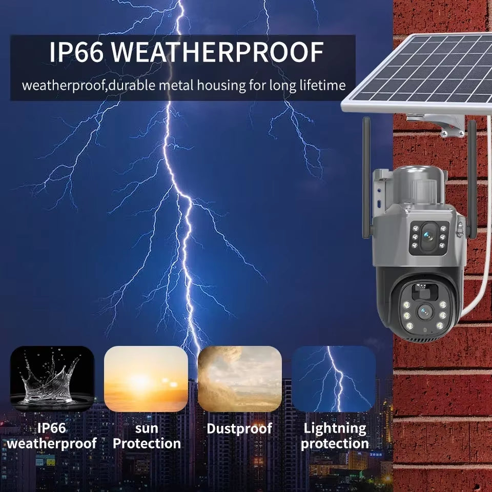 Solar Powered Camera 2K 4 Megapixel Dual Lens PTZ Dual Screen PIR Body Tracking Outdoor WIFI Secure CCTV Surveillance IP Came