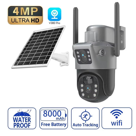 Solar Powered Camera 2K 4 Megapixel Dual Lens PTZ Dual Screen PIR Body Tracking Outdoor WIFI Secure CCTV Surveillance IP Came